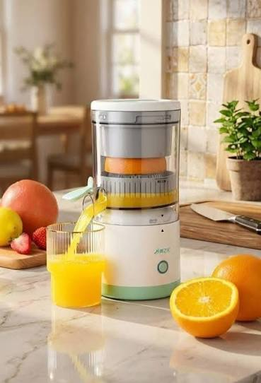 Exprimidor eléctrico portátil exprimiendo naranjas en cocina moderna